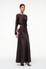 Silk maxi dress, dark brown, long sleeves, boat neckline, gathered waist seam.
