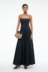 Black maxi dress with spaghetti straps and full gathered skirt