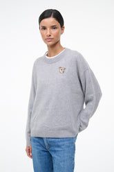 Heather grey cashmere crewneck sweater, embroidered dog face at chest