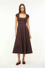 Women's dark brown short-sleeve fit-and-flare dress with square neckline