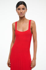 Red sleeveless pleated midi dress with square neckline and thin straps
