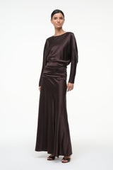 Silk maxi dress in dark brown with long sleeves and ruched waist band detail.