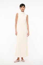 Ivory sleeveless turtleneck midi dress, front view