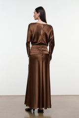 Brown silk dress, back view with long sleeves and ruched back waist detail