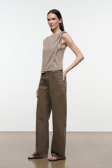 Sleeveless draped top in sesame beige with tied shoulder detail