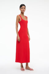 Red sleeveless pleated midi dress with square neckline and racerback