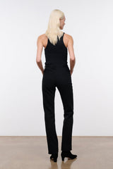 Black straight-leg denim jeans with button-fly and front pockets