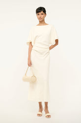 Ivory draped midi dress with gathered waist and short dolman sleeves