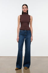 Sleeveless knit top with mock neck, dark brown; straight hem