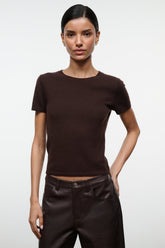 Dark chocolate cashmere crew-neck tee with short sleeves, smooth knit