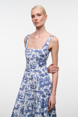 Blue toile print sleeveless midi dress with square neckline and fitted waist