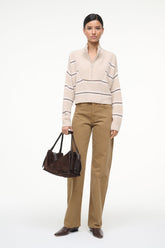 Cropped cashmere sweater with zip front and horizontal whisper stripe knit details
