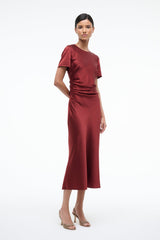 Sangria silk midi dress with side drape, crew neck, short sleeves