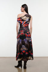 Silk dress one-shoulder, draped back with dark butterfly print, midi length