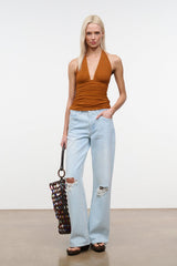 Halter ruched top in cocoa-brown with V-neck and gathered waist