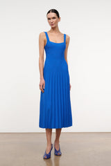 Cobalt blue sleeveless midi knit dress with square neckline and thin straps