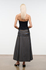 SOL striped midi skirt back view with gathered waistband and blue stripe detail
