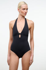Black halter one-piece swimsuit with ring cutout at bust