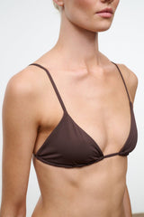 Dark chocolate triangle bikini top with ruched cups and adjustable shoulder straps