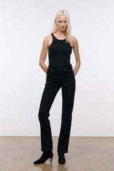 Black straight-leg denim jeans, front view with relaxed straight fit