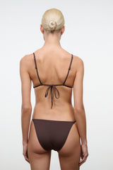 Dark chocolate bikini top from behind with tie-back strings and adjustable shoulder straps