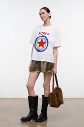 White relaxed tee with large SUPER STAR graphic on front