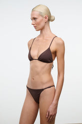Dark chocolate string bikini bottom with thin side ties, minimal coverage.