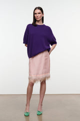 Purple cashmere sweater with crew neck and short loose sleeves, slightly draped hem.