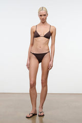 Dark chocolate bikini top with triangle cups and adjustable spaghetti straps