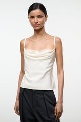 Ivory silk camisole top with lace trim at the neckline