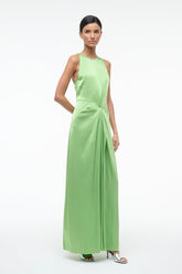 Green silk sleeveless maxi dress, front view with draped gathered waist detail