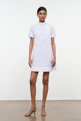 White short-sleeve mini dress with high neck and clean front seam detailing