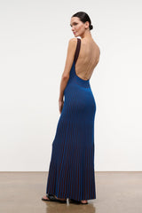 Back view sleeveless V-neck maxi dress with vertical cobalt and dark stripes