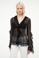 Black sheer ruffle V-neck top with button front and long layered sleeves