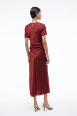 Sangria silk midi dress back view with ruched center detail