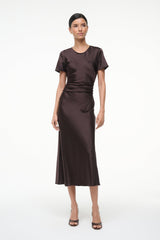Marcel silk dress, short-sleeve crew neck, draped ruched waist, dark brown midi
