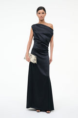 Black silk maxi dress with diagonal drape, asym one-shoulder strap, and ruched waist