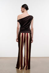 Silk wide-leg pants with vertical stripe pattern in dark brown, burgundy, and cream