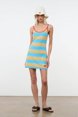 Striped mini tank dress with red trim and blue/yellow horizontal bands