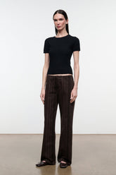Women’s espresso-brown striped jeans, front view with relaxed wide fit