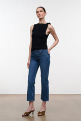 Stone blue denim cropped jeans with raw hem, front button fly and belt loops