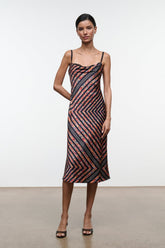 EVANGELINE silk midi dress with draped cowl neckline and chevron stripes, spaghetti straps.