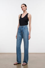 High-rise blue denim jeans with wide straight leg and ankle-length hem.