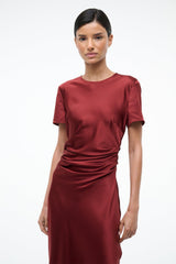 Sangria silk dress with crew neck, short sleeves and ruched waist