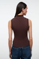 Sleeveless knit top with mock neck, dark brown (back view)