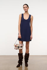 Sleeveless navy dress with U neckline and straight hemline, front view