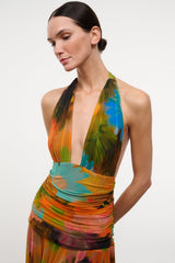 ALESSANDRA halter dress with deep V neckline and multicolor abstract print, ruched waist