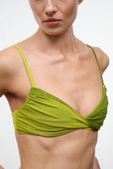 LA MER bikini top in citron pesto green with draped twist cups and thin straps