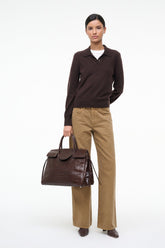 Dark chocolate cashmere polo sweater with button placket and long sleeves
