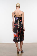 Silk midi dress with thin spaghetti straps, butterfly print, open back, multicolor fuchsia tones